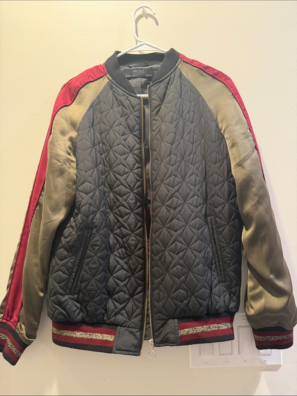 Zara Quilted Bomber Jacket in Black, Olive & Red